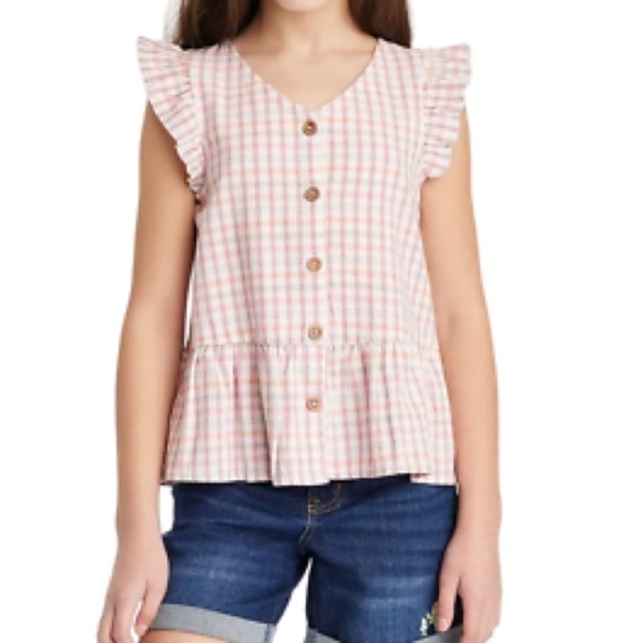 Cat & Jack checkered sleeveless woven button down top - Picture 1 of 5